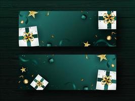 superiore Visualizza di realistico regalo scatole con d'oro stelle, palle o perle e coriandoli nastro decorato alzavola verde sfondo nel Due opzioni. vettore