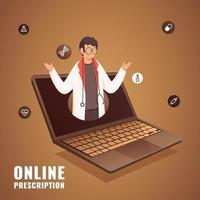 cartone animato medico uomo nel realistico il computer portatile schermo con medico elementi su Marrone sfondo per in linea prescrizione. vettore