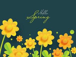 Ciao primavera font con carta tagliare giallo fiori e le foglie decorato verde sfondo. vettore