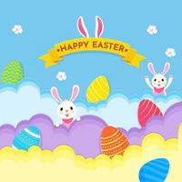 contento Pasqua celebrazione concetto con cartone animato coniglietti, stampato uova e fiori decorato su colorato nuvole sfondo. vettore
