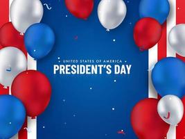 unito stati di America, del presidente giorno testo con lucido americano tricolore palloncini decorato sfondo. vettore