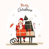 illustrazione di Santa Claus personaggio con slitta pieno di regalo scatole e natale albero su bianca sfondo per allegro Natale celebrazione. vettore