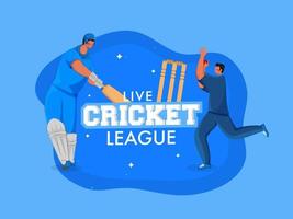 vivere cricket lega concetto con cartone animato battitore e giocatore di bowling personaggio su blu sfondo. vettore