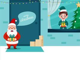 allegro Natale celebrazione sfondo con cartone animato Santa Claus e ragazzo Tenere regalo scatole illustrazione. vettore