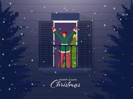 allegro giovane ragazzo in piedi a balcone con natale albero, nevicata su blu legna struttura sfondo per allegro e sicuro Natale. vettore