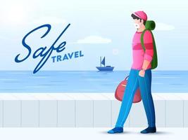turismo giovane ragazzo indossare protettivo maschera con borse nel a piedi posa vicino marino o oceano Visualizza per sicuro viaggio. vettore