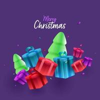 allegro Natale font con 3d nevoso natale alberi e regalo scatole su viola sfondo. vettore