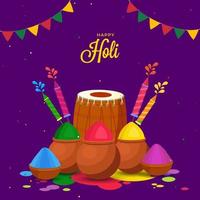 illustrazione di colore polvere nel argilla pentole con dhol strumento e acqua pistole su viola sfondo per contento holi celebrazione. vettore