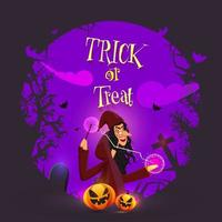 cartone animato strega fare Magia con bacchetta magica e jack-o-lantern su viola cimitero sfondo per trucco o trattare. vettore