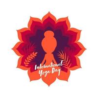 silhouette ragazza Meditare nel loto posa su natura Visualizza per internazionale yoga giorno concetto. vettore