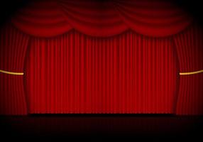 rosso tenda musica lirica, cinema o Teatro palcoscenico tende. riflettore su chiuso velluto le tende sfondo. vettore illustrazione