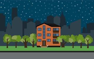 vettore città con a tre piani cartone animato Casa e verde alberi a notte. estate urbano paesaggio. strada Visualizza con paesaggio urbano su un' sfondo