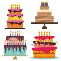 impostato di quattro dolce compleanno torta con ardente candele. colorato vacanza dolce. vettore celebrazione sfondo.