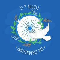 15 agosto indipendenza giorno manifesto design con Ashoka ruota decorato verde le foglie e volante uccello su blu sfondo. vettore