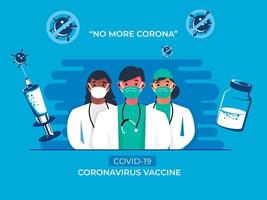 medico squadra personaggio combattente contro coronavirus con vaccino su blu sfondo per no Di Più corona. vettore