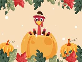 cartone animato tacchino uccello indossare pellegrino cappello con zucche e autunno le foglie decorato sfondo. vettore