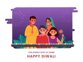 illustrazione di allegro famiglia festeggiare Diwali Festival e dato Messaggio restare a casa per evitare coronavirus. vettore