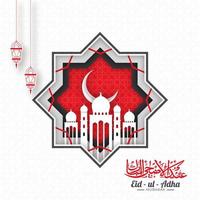 eid-ul- adha mubarak saluto carta con carta tagliare rub-el-hizb forma, mezzaluna Luna, moschea e sospeso lanterne su bianca Arabo modello sfondo. vettore