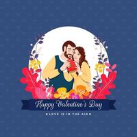 amante coppia Tenere un' rosso cuore con floreale su blu sfondo per contento San Valentino giorno, amore è nel il aria concetto. vettore