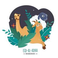 cartone animato cammello con capra, pecora, fiori e verde le foglie su bianca sfondo per Eid-al-Adha mubarak concetto. vettore