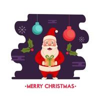 cartone animato Santa Claus Tenere regalo scatola con agrifoglio frutti di bosco e sospeso palline su viola e bianca sfondo per allegro Natale celebrazione. vettore