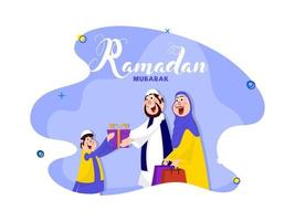 felicità musulmano uomo e donna dato regalo scatola per poco ragazzo su astratto blu sfondo per Ramadan mubarak.