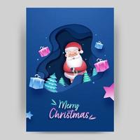 blu carta strato tagliare sfondo con natale alberi, realistico regalo scatole e cartone animato Santa Claus per allegro Natale celebrazione. vettore