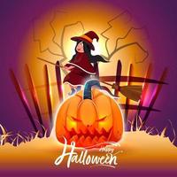 illustrazione di femmina strega volante con scopa, spoglio albero e jack-o-lanterna su pieno Luna d'oro e viola sfondo per contento Halloween. vettore