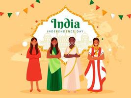 India indipendenza giorno manifesto design con diverso religione femmina gruppo e linea arte famoso monumenti su pastello arancia sfondo. vettore