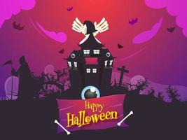 contento Halloween celebrazione sfondo con attraversare scheletro mani, silhouette truce mietitrice e frequentato Casa. vettore