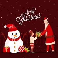 cartone animato Santa Claus dando regalo per ragazzo con pupazzo di neve, agrifoglio bacca e fronzolo su buio rosso sfondo per allegro Natale celebrazione. vettore