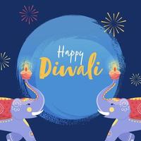 illustrazione di cartone animato elefanti Tenere illuminato olio lampade su blu spazzola rumore effetto sfondo per contento Diwali celebrazione. vettore