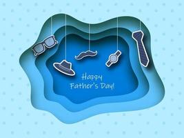 blu polka puntini carta strato tagliare sfondo decorato con etichetta stile occhiali, fedora cappello, baffi, orologio da polso, cravatta si blocca per contento Il padre di giorno celebrazione. vettore
