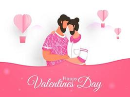 contento San Valentino giorno font con cartone animato gay coppia abbracciando, carta tagliare caldo aria palloncini su rosa e bianca sfondo. vettore