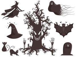 illustrazione di spaventoso albero con strega volante scopa, fantasma, pipistrelli, cartone animato gatti, scheletro mani e strappare lapide su bianca sfondo. vettore