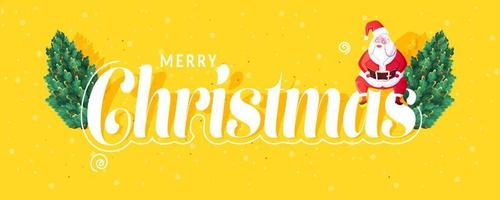 allegro Natale font con cartone animato Santa Claus e ciliegia alberi su giallo sfondo. vettore