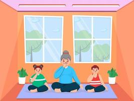 cartone animato personaggio di giovane ragazza con bambini fare alternato narice respirazione yoga a casa. vettore