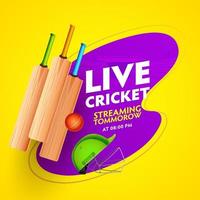 vivere cricket streaming incontro manifesto design con realistico attrezzature e viola stadio Visualizza su giallo sfondo. vettore