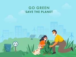 cartone animato giovane ragazzo e ragazza piantare con cane personaggio su ecosistema sfondo per partire verde Salva il pianeta durante coronavirus. vettore