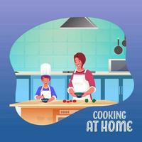 illustrazione di giovane donna porzione sua figlio cucinare cibo a cucina casa. vettore