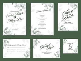 impostato di nozze invito carta decorato con verde foglie, mini cuffie e informazione. vettore