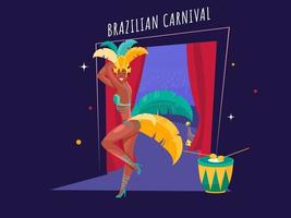 cartone animato donna l'esecuzione samba danza con tamburo strumento e foche animale su il occasione di brasiliano carnevale. vettore
