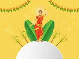 Sud indiano donna l'esecuzione bharatnatyam classico danza con Banana foglie, canna da zucchero e vuoto bianca telaio su giallo sfondo. vettore