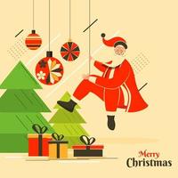 illustrazione di cartone animato Santa Claus Tenere corda con sospeso palline, regalo scatole e natale alberi su pastello giallo sfondo per allegro Natale. vettore