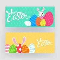 contento Pasqua font con cartone animato coniglietto e colorato stampato uova su verde e giallo sfondo. vettore