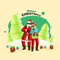 allegro Santa Claus assunzione autoscatto con cartone animato uomo Tenere il suo figlio, 3d lucido verde natale alberi, regalo scatole, palline e nevoso su pastello giallo sfondo per allegro Natale celebrazione. vettore