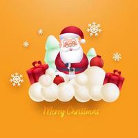 carino Santa Claus personaggio con 3d regalo scatole, palline nevoso natale alberi, nuvole e i fiocchi di neve su giallo sfondo per allegro Natale. vettore