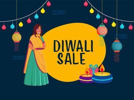 Diwali vendita manifesto design con indiano giovane donna Tenere un' vuoto piatto, illuminato olio lampade, regalo scatola, sospeso lanterne e illuminazione ghirlanda su blu e giallo sfondo. vettore
