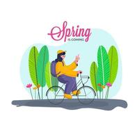 giovane ragazza equitazione un' bicicletta con zaino, fiori e le foglie per primavera è In arrivo concetto. vettore