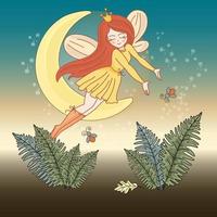 Luna Fata bene notte Magia cartone animato vettore illustrazione impostato